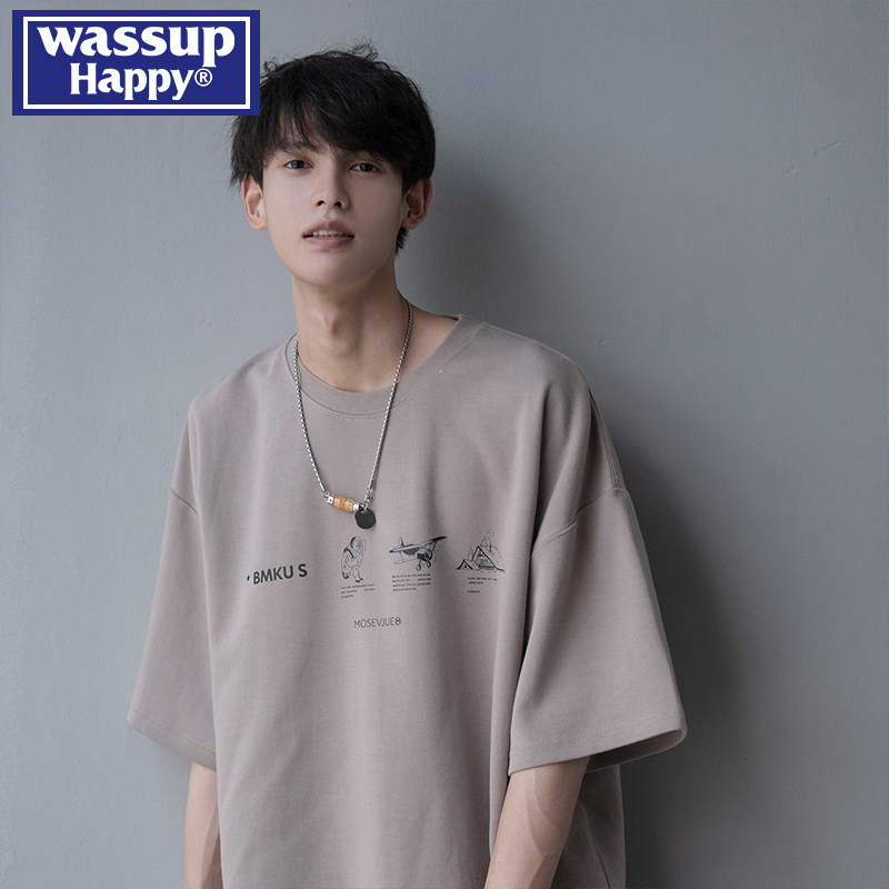wassup/ счастливая хлопковая футболка с короткими рукавами; мужская летняя новинка в гонконгском стиле; свободный топ с принтом в виде пяти точек на рукавах Изображение 1