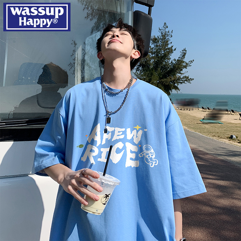 Wassup Happy Heavyweight Pure Cotton Short-Sleeve T-Shirt for Men, Summer Trendy Brand Print, Large Size, Youth Top Wassup Happy Heavyweight Pure Cotton Short-Sleeve T-Shirt for Men, Summer Trendy Brand Print, Large Size, Youth Top