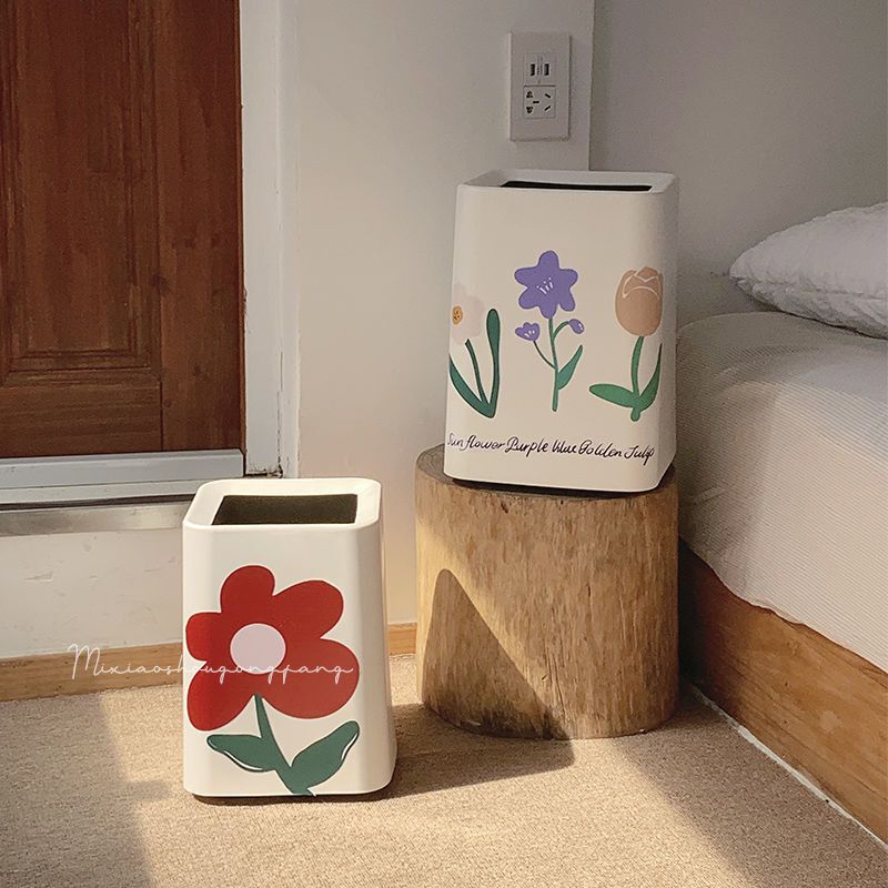 ins Large Trash Can for Living Room, Bedroom, Dormitory, Creative Flower Design, Plastic Double-Layer Storage Bin, Wastebasket
