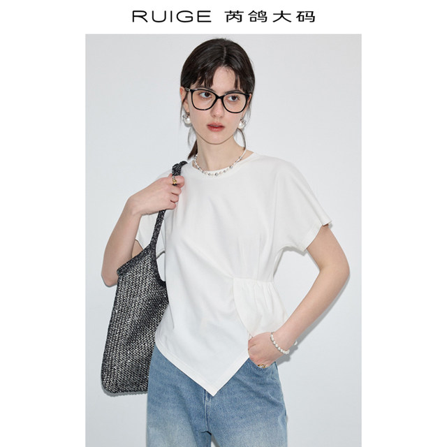 Rui Ge plus size women's new white neck round short-sleeved T-shirt women's slimming top for fat mm ອອກແບບສະຫມໍ່າສະເຫມີ