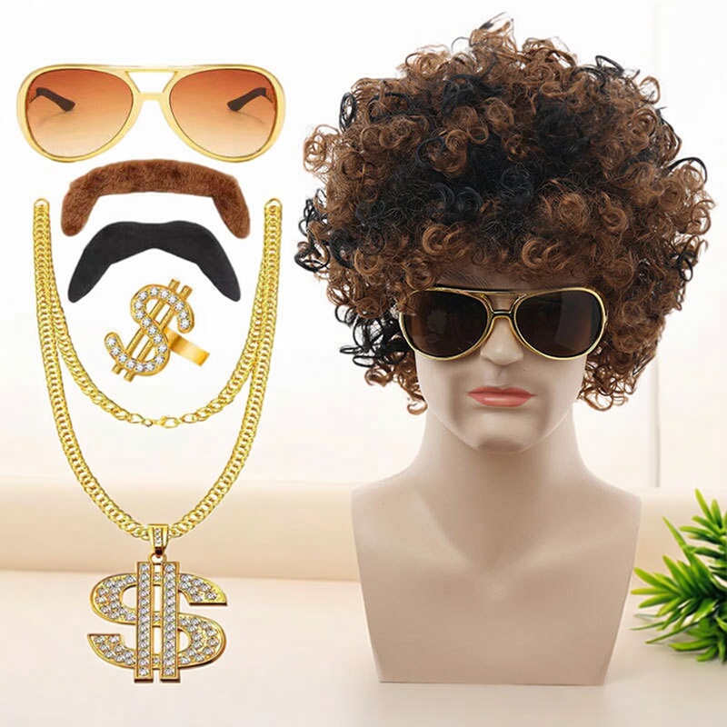Punk Wig 80S Hippie Hip-Hop Fan Hair Rock Afro Wig Set Retro Necklace Accessories Punk Wig 80S Hippie Hip-Hop Fan Hair Rock Afro Wig Set Retro Necklace Accessories