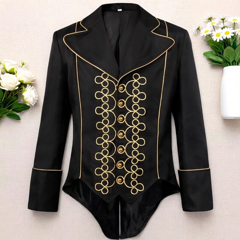 Performance Clothing for Men, Medieval Tailcoat, Short Coat, Jacket, Trench Coat, Retro Performance Clothing, Long-Sleeved Black