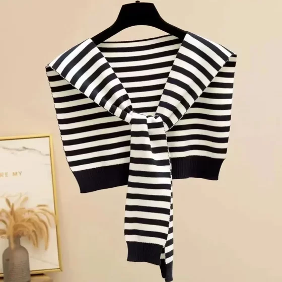 White Striped Knitted Shawl with Knot, Korean Style Versatile Decorative Fake Collar Scarf for Women, Suitable for Spring, Summer, and Autumn