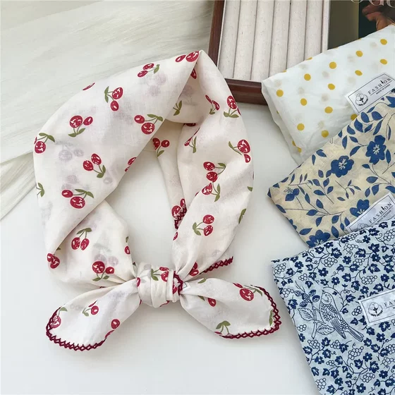 Silk Scarf for Women, Original Design, Cute Cat, Pure Cotton Square Scarf, Korean Style, Versatile, Sun Protection, Headscarf, Neck Protector, Spring and Summer