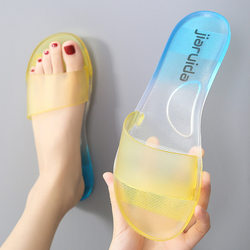 Crystal Slippers for Women, Summer Outdoor Wear, Fashionable Internet Celebrity Transparent Flat Sandals, Casual Beach Soft-Soled Trendy Non-Slip Student Slippers