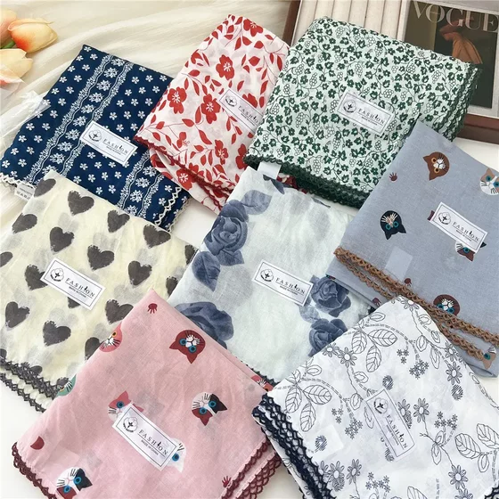 Silk Scarf for Women, Original Design, Cute Cat, Pure Cotton Square Scarf, Korean Style, Versatile, Sun Protection, Headscarf, Neck Protector, Spring and Summer