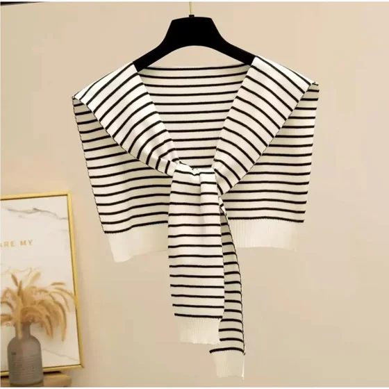 White Striped Knitted Shawl with Knot, Korean Style Versatile Decorative Fake Collar Scarf for Women, Suitable for Spring, Summer, and Autumn