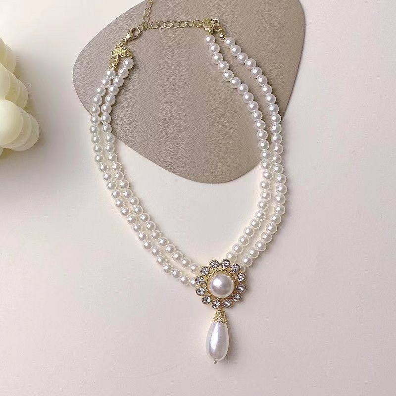 High-End French Retro Elegant Double-Layered Pearl Necklace Original Design Palace Style Water Drop Diamond Pendant Clavicle Jewelry