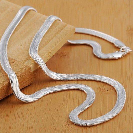 Luxurious Silver Jewelry for Men, 6mm Flat Snake Cartilage Necklace, Men's Bold Chain, Hip-Hop Silver Accessories