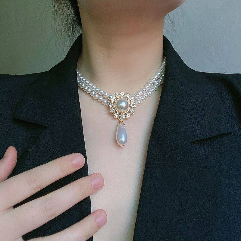 High-End French Retro Elegant Double-Layered Pearl Necklace Original Design Palace Style Water Drop Diamond Pendant Clavicle Jewelry