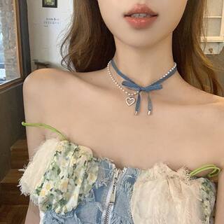 [Peach Tea]Sweet Schoolgirl Denim Beaded Heart Bow Double-Layer Choker Necklace with Pearl Accessories
