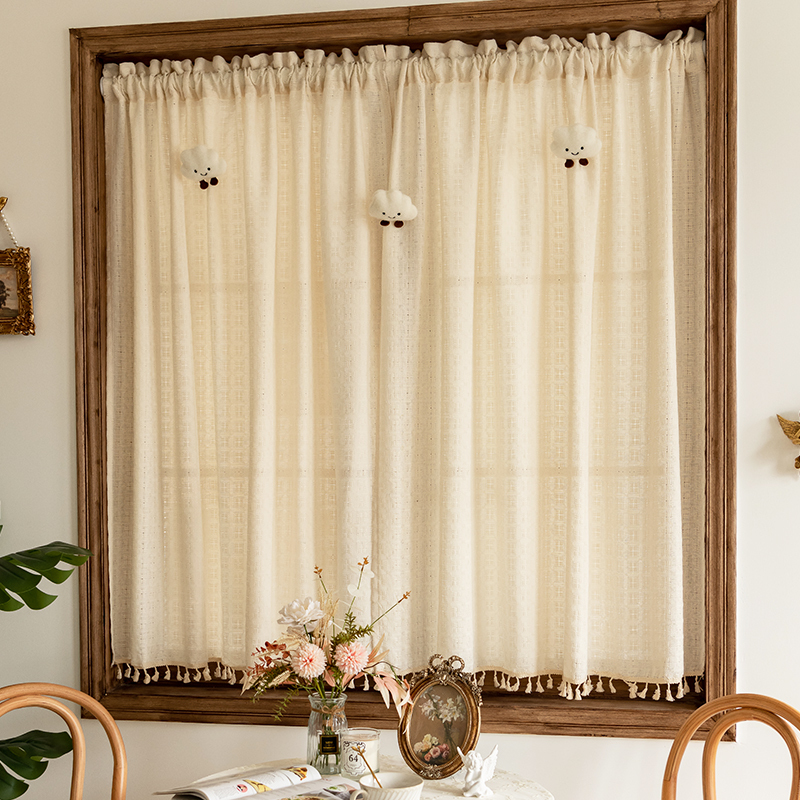 French-Style Vintage Half-Curtain Kitchen Short Curtain with Tassels, Cotton and Linen Curtains, American Country-Style Sheer Curtains, Bay Window Bedroom Partition Door Curtain