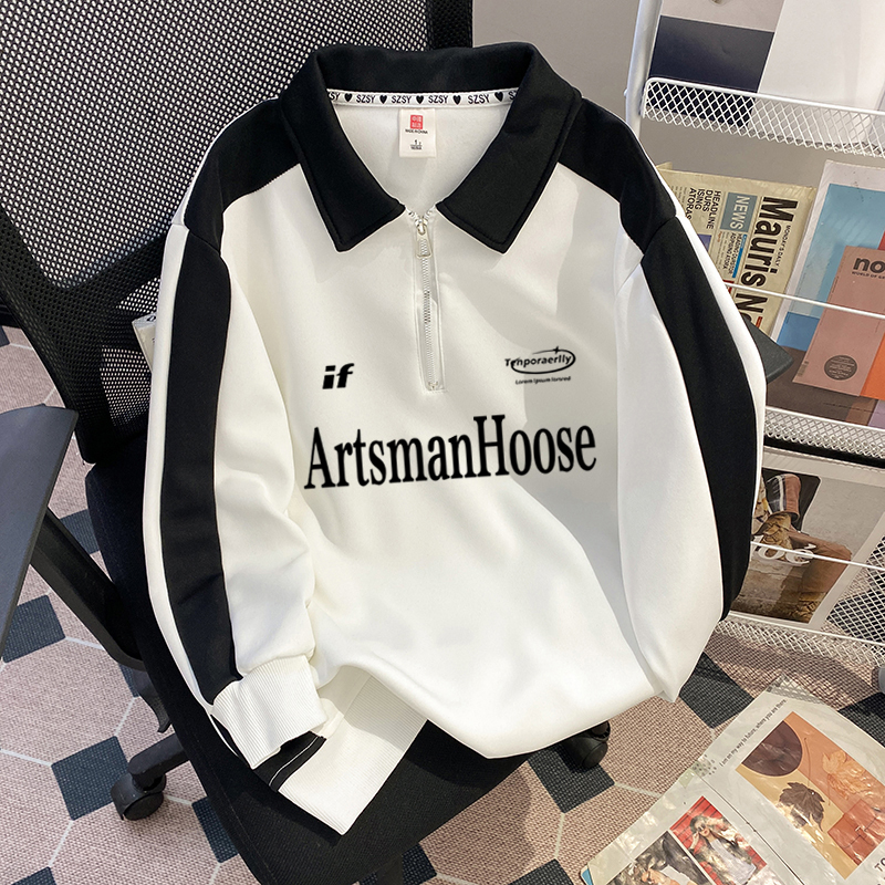 Polo Collar Long-Sleeve Sweatshirt for Men and Women, Early Autumn European and American Style, Trendy Streetwear Base Shirt, Cool Black and White Color-Blocking Half-Zip Top Polo Collar Long-Sleeve Sweatshirt for Men and Women, Early Autumn European and American Style, Trendy Streetwear Base Shirt, Cool Black and White Color-Blocking Half-Zip Top