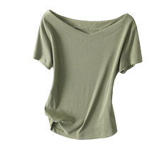 Fashionable and versatile pure cotton womens short-sleeved summer new high-end loose flesh-covering casual one-shoulder top trendy