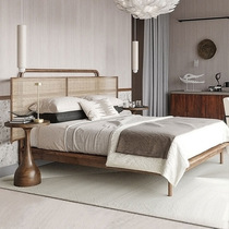 Wabi style solid wood rattan bed B&B home Nordic rattan bed retro 1 5m1 8m bed hotel master bedroom double bed