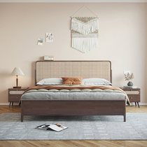 Nordic real rattan 1 5 meter solid wood bed modern simple 1 8 meter wabi-sabi style double bed master bedroom storage bed