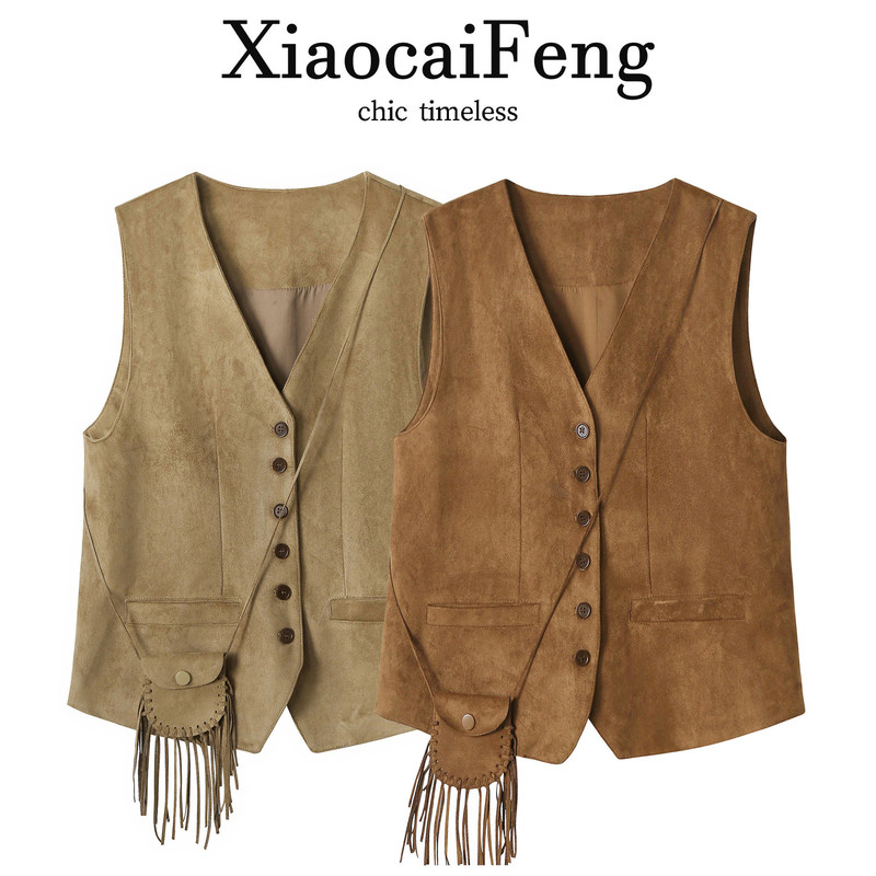 Vintage Brown Suede V-Neck Vest for Women, Fashionable Short Jacket for Autumn, Layered Sleeveless Vest Trend Vintage Brown Suede V-Neck Vest for Women, Fashionable Short Jacket for Autumn, Layered Sleeveless Vest Trend