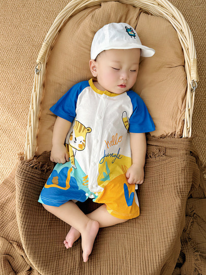 Baby Summer Jumpsuit, Short-Sleeved Romper for Boys, Cartoon Tiger, Super Cute Outing Clothes, Newborn Crawling Clothes, Pure Cotton