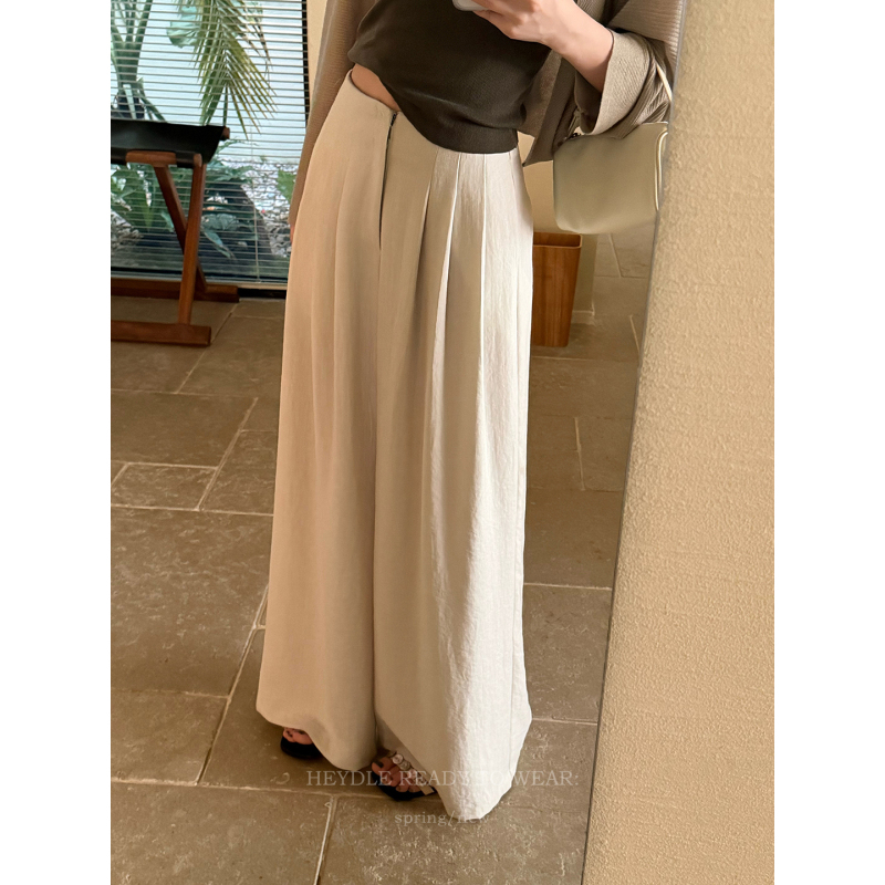Black Bean Hum Hum Mist Island Wind Chime* Pleated Design Wide-Leg Casual Pants with Drape, Versatile and Elegant Floor-Length Trousers for Women
