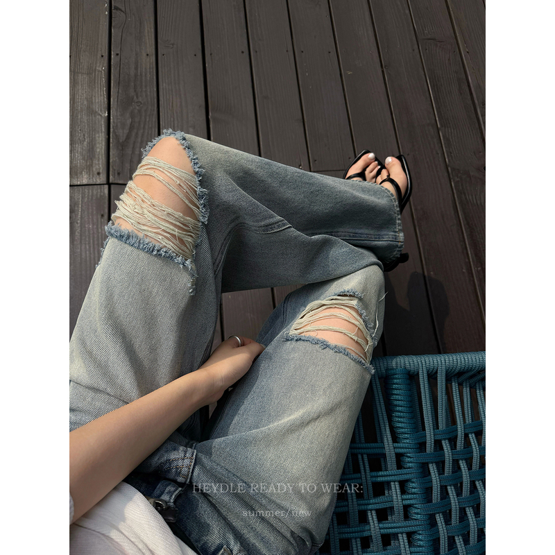 Black Bean Hum Hum Baggy Denim* Vintage Distressed Ripped Jeans Low-Waisted Loose Slimming Wide-Leg Pants Long Pants