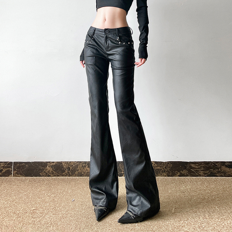 European and American Style Cool and Handsome Studded Low-Waist Leather Pants for Women, Street Dark Rock Slim Straight-Leg Casual Pants