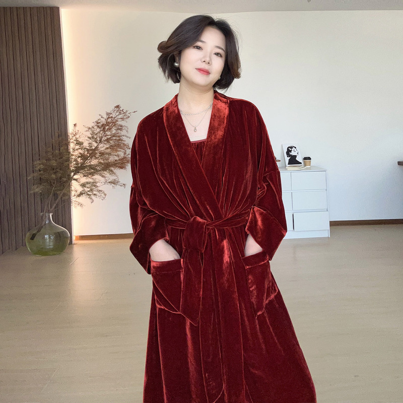 Qingshanjia Silk Velvet Robe Wedding Bathrobe Light Luxury Pajamas Morning Robe Can Be Worn Outside Home Clothing Set New Style