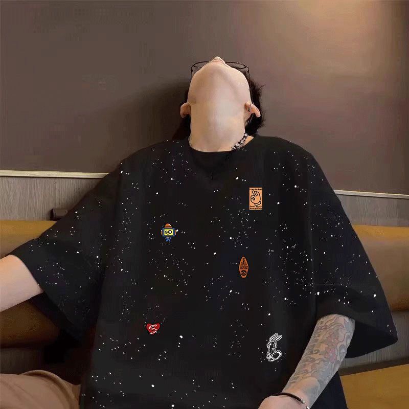 150kg Plus Size Trendy Casual Pure Cotton Starry Sequin Short Sleeve T-Shirt with Design Print Summer Loose Top 150kg Plus Size Trendy Casual Pure Cotton Starry Sequin Short Sleeve T-Shirt with Design Print Summer Loose Top