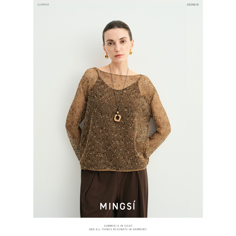 Mingsi Retro Hollow-Out Breathable Off-Shoulder Loose Blouse 2026 Summer Glossy Draped Sheer Long-Sleeve Top