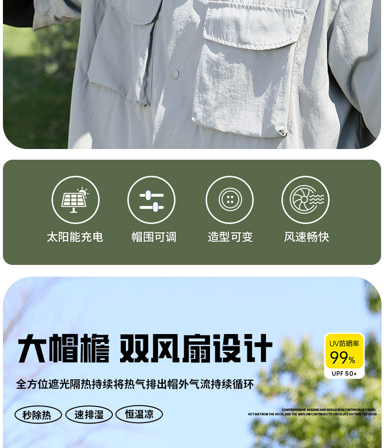 Фанаты Cap 君诗甄选太阳能风扇帽2025新款空调帽大帽檐男士户外遮阳防晒帽子 3