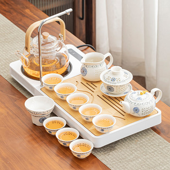 Kung Fu Tea Set with Electric Ceramic Stove for Home Use, Small Tea Table with Automatic Water Filling, Glass Teapot