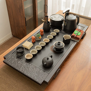 Complete Kung Fu Tea Set for Home Use, Modern and Simple, Made of Solid Wood with Imitation Ebony Stone and Porcelain, Automatic Water Boiling Integrated Tea Tray