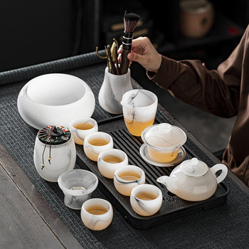 Glazed Kung Fu Tea Set for Home and Office Use, Suitable for Gifting, Includes Teapot, Gaiwan, Ink Wash White Jade Tea Cups, High-End Gift Box Set