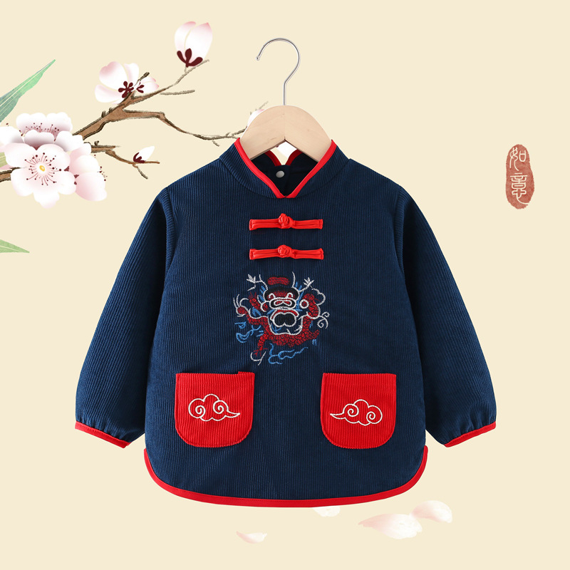 Baby smock, autumn and winter outer wear, children's Chinese style eating waterproof anti-dirty bib baby corduroy long-sleeved protective clothing
