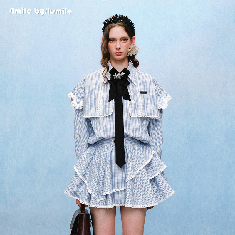 4Mile by Ksmile 26 Autumn/Winter New Lace Trim Striped Shirt Set Layered Skirt Two-Piece Set 4Mile by Ksmile 26 Autumn/Winter New Lace Trim Striped Shirt Set Layered Skirt Two-Piece Set