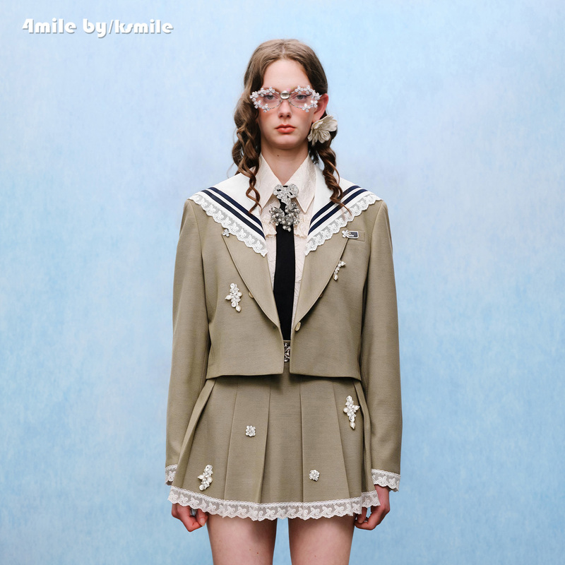 4Mile by Ksmile 26 Early Autumn New Detachable Sailor Collar Short Beaded Blazer and Skirt Set