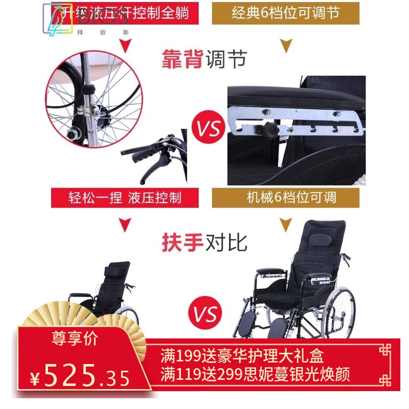 互康轮椅老人折叠轻便小型带坐便器全躺多功能老年残疾手推代步车