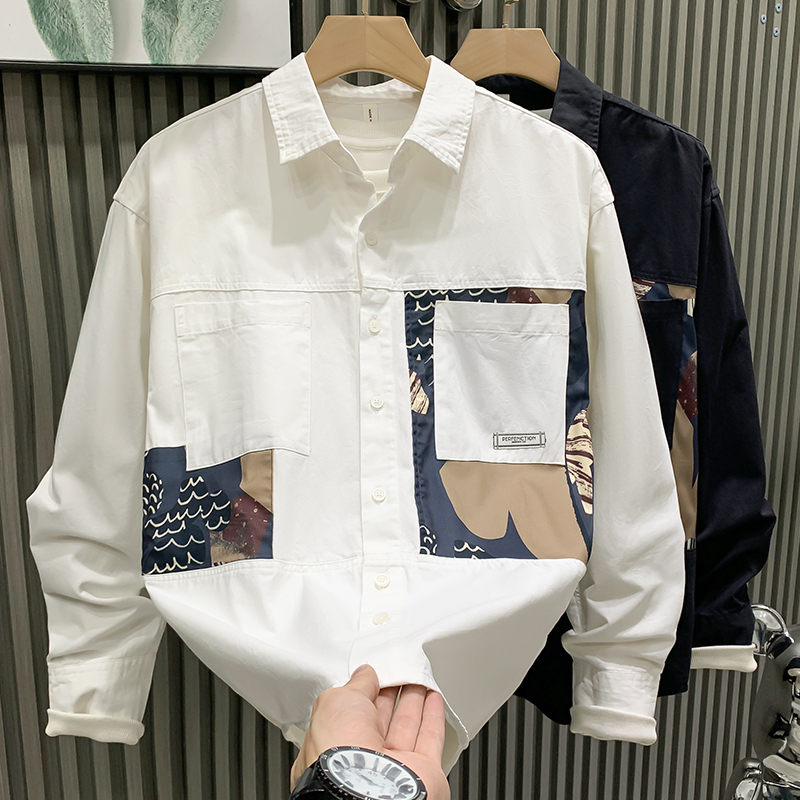 European Light Luxury Trendy Brand Spring and Autumn Long-Sleeved Shirt for Men, High-End Trendy Pure Cotton Youth Casual Shirt