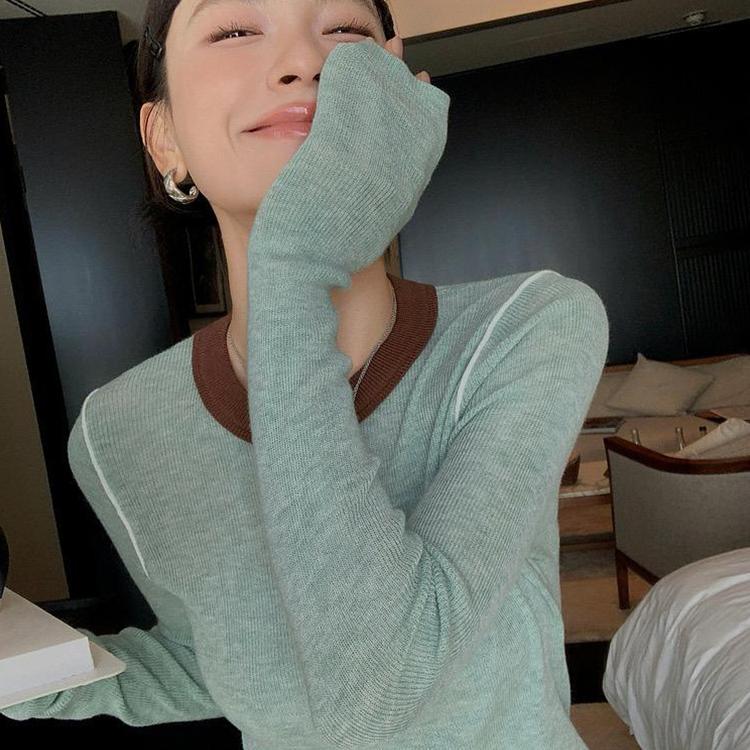 Dopamine Green Lazy Style Color-Blocked Round Neck Knit Sweater for Women, Autumn Slim Fit Base Layer Top