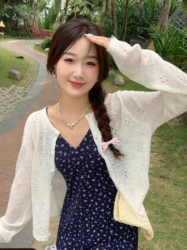 Summer Slip Dress with Knitted Cardigan, Thin Style for Women, 2026 New White Hollow-Out Cover-Up Top, Sun Protection Jacket