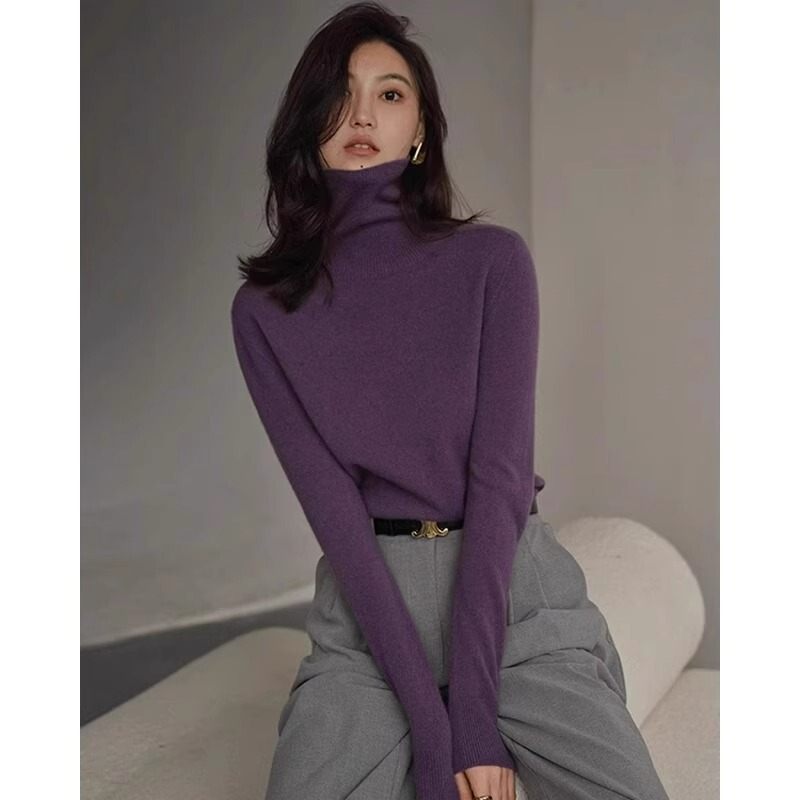 Purple Turtleneck Knitted Base Shirt for Women, Autumn and Winter, Elegant Inner Layer, High-End Feel, Slim Fit, Long-Sleeved Sweater Top