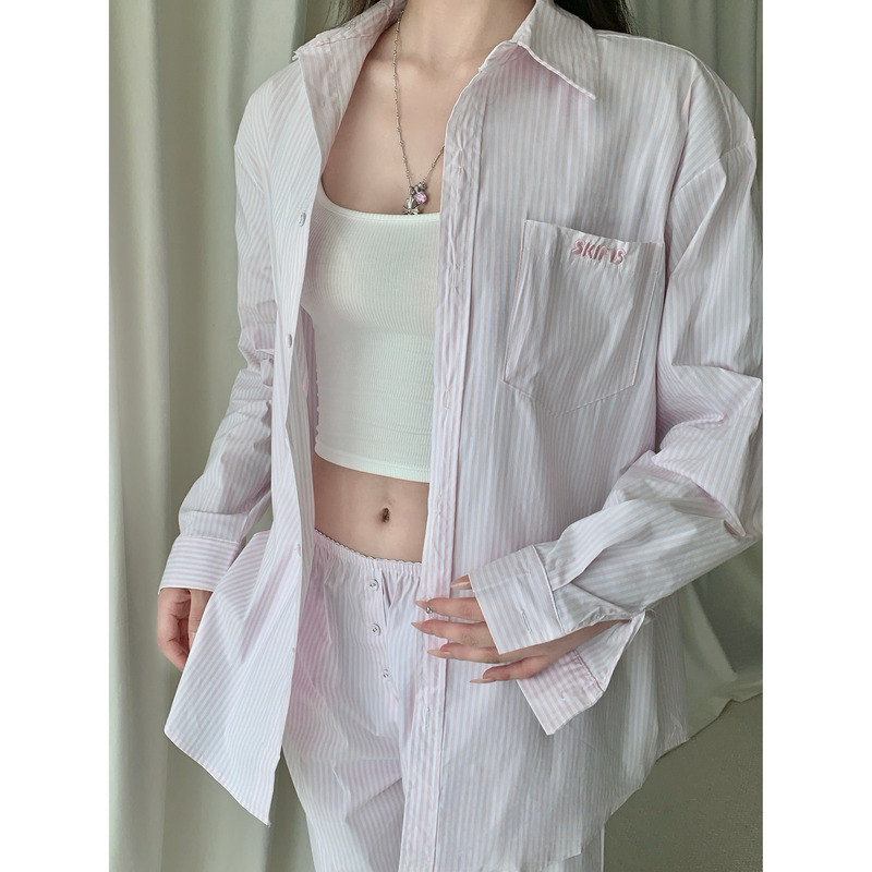 Skims Kardashian Blogger's Same Style Casual Vertical Striped Two-Tone Long-Sleeve Shirt Versatile Vacation Travel Loose Fit Top