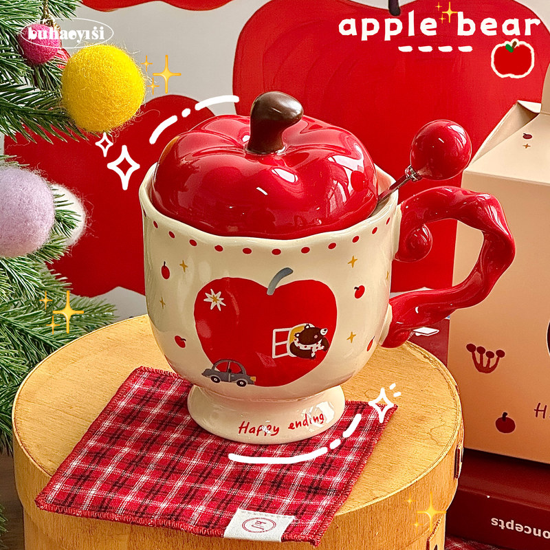 Birthday Gift Ceramic Mug Cute Red Apple Goblet with Lid Spoon Christmas Couple Water Cup Souvenir for Women