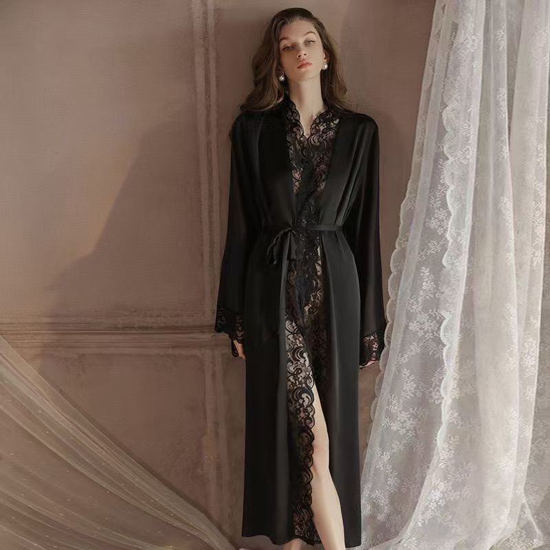 Sexy Lace Spliced Long Nightgown for Women with Tie, High-End Loungewear, Bathrobe, Dressing Gown, Nightdress, Plus Size