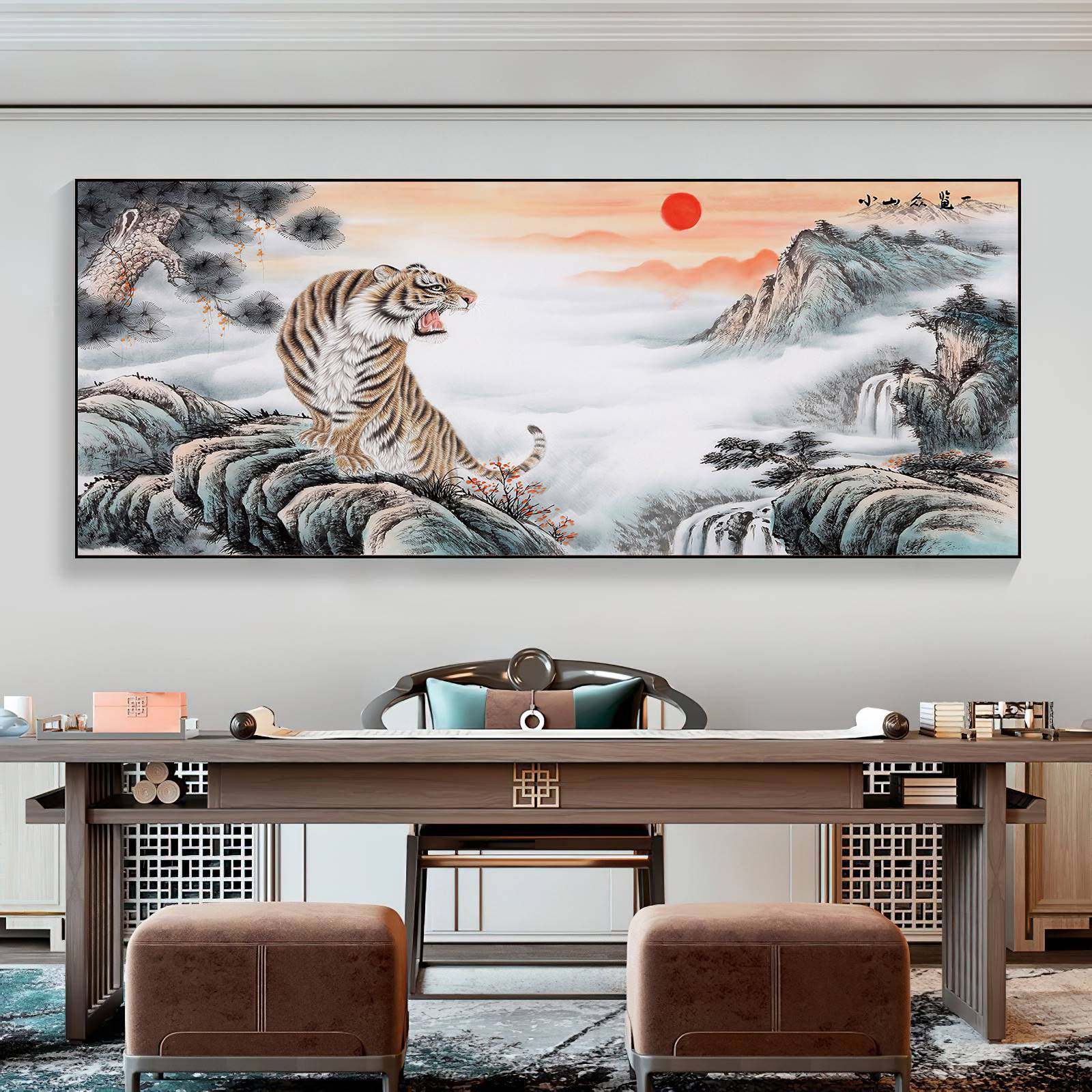 リビングルーム用の虎の絵、伝統的な中国絵画、山を下る虎、山を登る虎、森で咆哮する横長の虎。