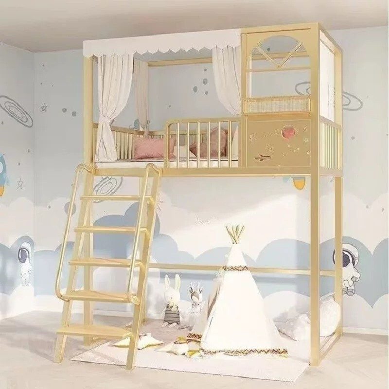 Loft Treehouse Elevated Bed with Desk Below, Single Upper Bunk and Lower Space, Duplex Second Floor Bed, Attic Small Apartment Combination Iron Bed