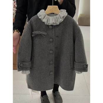 Korean style girls 2026 winter new retro gray bow thickened woolen coat girls silhouette woolen coat