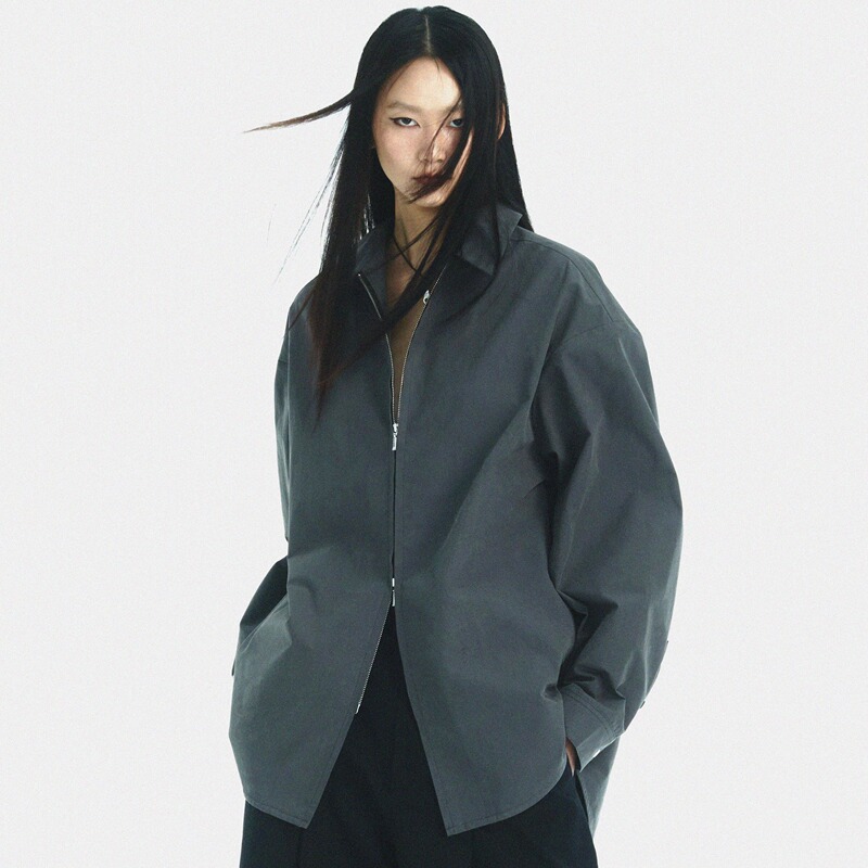 Korrnil* Gray Practical Pima Cotton Double-Zip Shirt Jacket with Cleanfit Pockets for a Simple and Practical Commute Look
