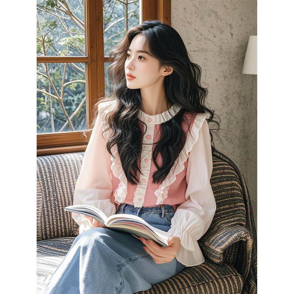 2025春季新款爆款炸街减龄时尚小个子超好看粉色木耳边拼接衬衫女