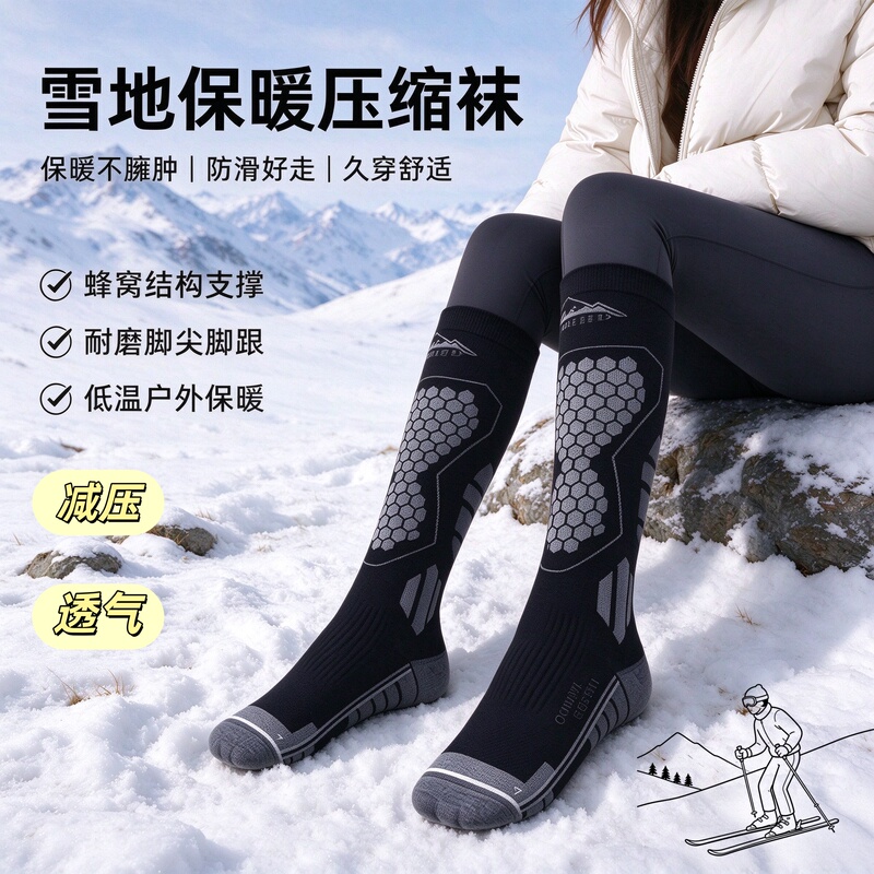 Winter Skiing Thickened Ski Socks for Men and Women, Quick-Drying, Warm, High-Elastic Compression, Three-Dimensional Long Tube Snow Socks, Thickened for Outdoor Use
