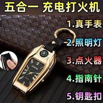 (5-in-1 multifunctional lighter) rechargeable lighter clock flashlight compass keychain W